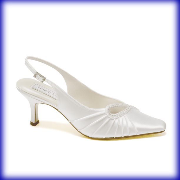 Closeup of Fancy White Satin Mid Heel Bridal Shoes
