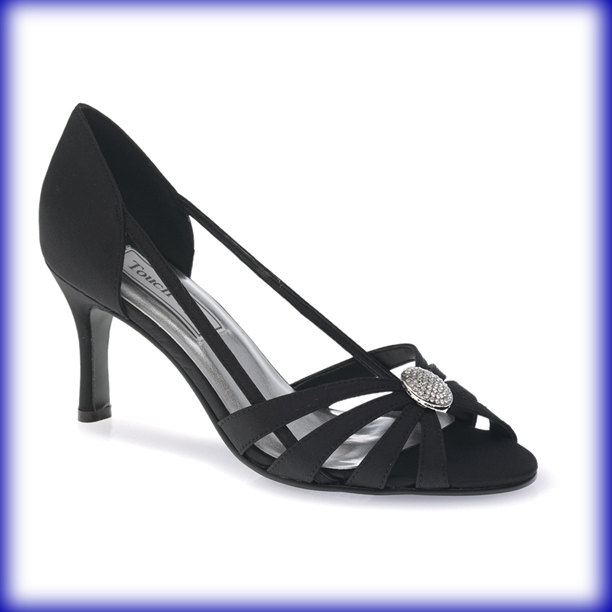 Closeup of Gemini Black Satin Mid Heel Evening Shoes