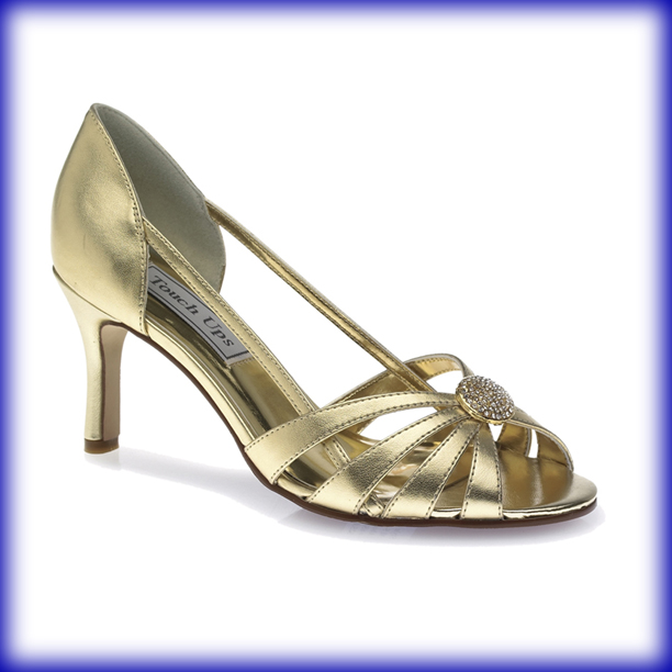 Closeup of Gemini Gold Mid Heel Evening Shoes