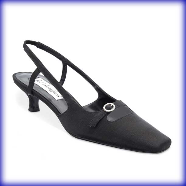 Closeup of Jackie Low Heel Black Satin Evening Shoes