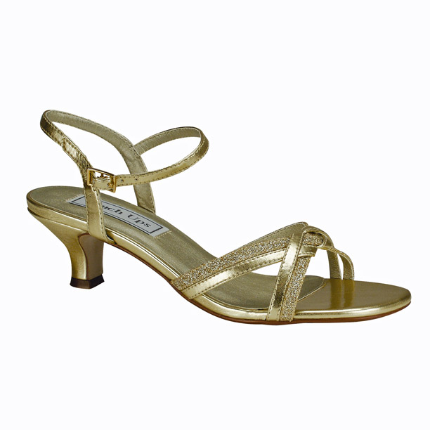 gold evening shoes low heel