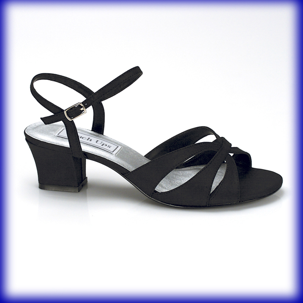 Closeup of Monaco Low Heel Black Satin Evening and Prom Shoes