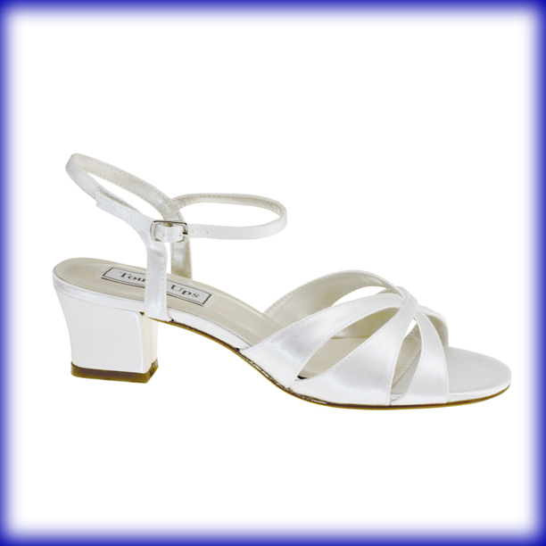 Closeup of Monaco Low Heel Dyeable White Satin Bridal Shoes