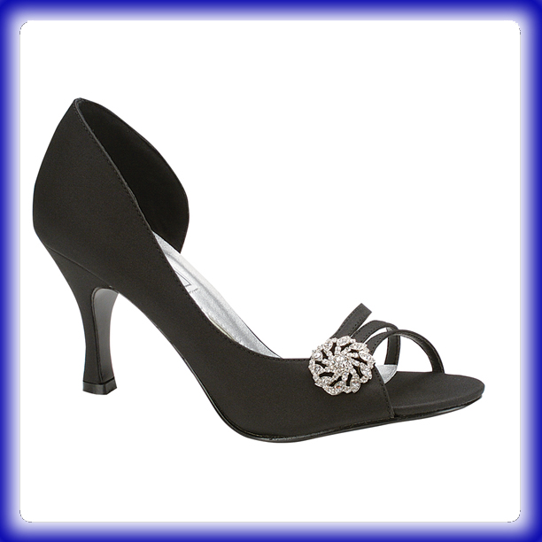 Closeup of Sharmain Mid Heel Black Satin Evening Shoes